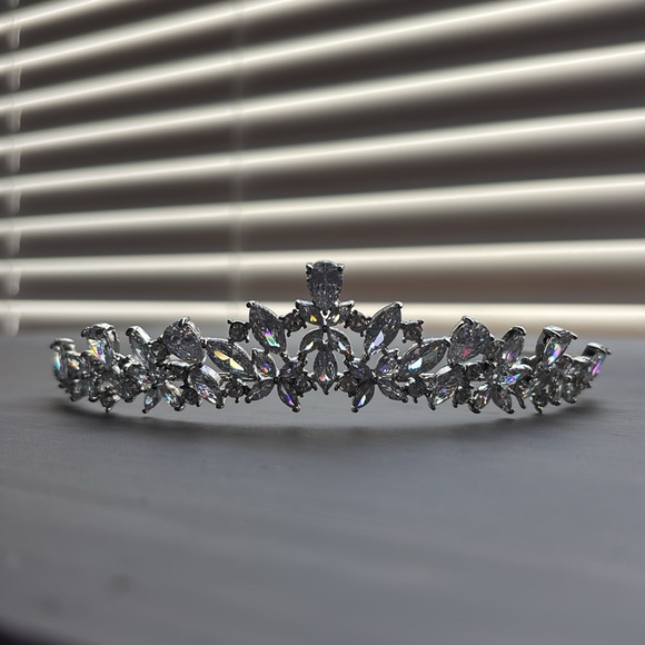 Silver Crystal Tiara with Floral Design - Picture 2 of 12